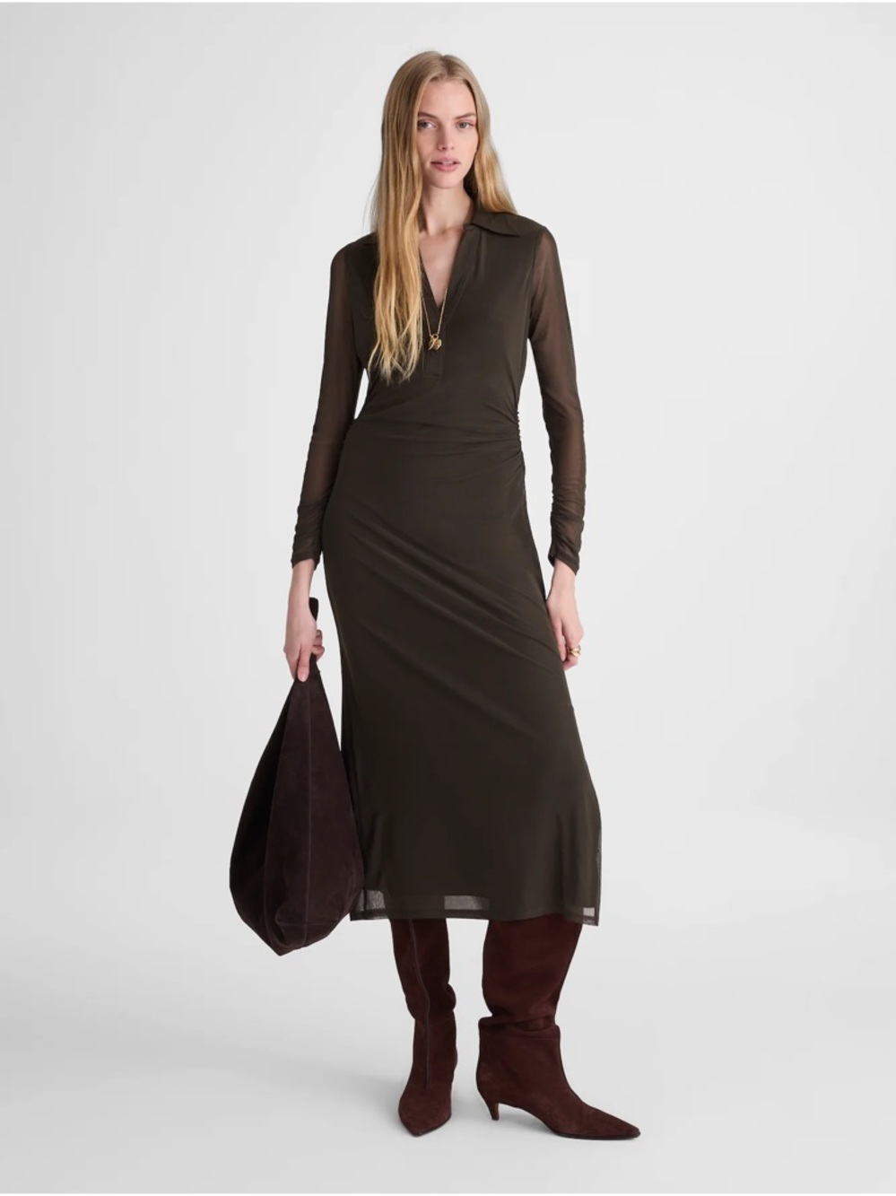Madewell Olive Green Sheer-Sleeve Maxi Dress